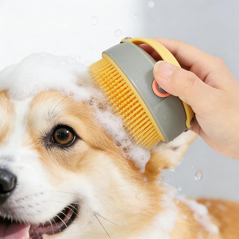 2-in-1 Pet Shampoo Dispenser & Grooming Brush, Soft Bristle Bathing Massage Brush for Shedding Reduction & Deep Cleaning, Gentle for Long & Short Hair Dogs Cats - color: Gray