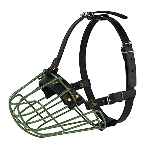 Pitbull Dog Muzzle Metal Mask Amstaff Secure Wire Basket Adjustable Durable Leather Straps for Large Dogs (Green) - color: Green
