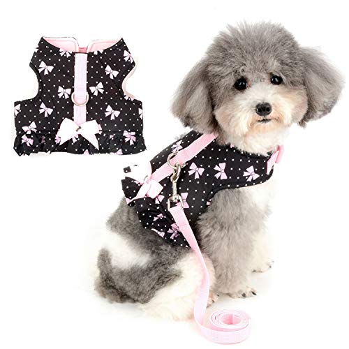 Zunea No Pull Small Dog Girl Harness Dress Escape Proof Cat Kitten Vest Harness Leash Set Step-in Soft Cotton Padded Polka Dot Jacket Chihuahua Puppy Clothes with Cute Bow for Walking Black S - color: black bows, size: S (Chest:14.5-15.7", Neck:9-9.8")