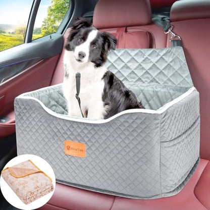 AlfaTok Memory Foam Booster Dog Car Seat for Medium Dogs Under 45 LBS, Elevated Pet Car Seat with Detachable Washable Cover, Anti-Slip Sturdy Dog Booster Seat with Seat Belt for Back Seat Travel