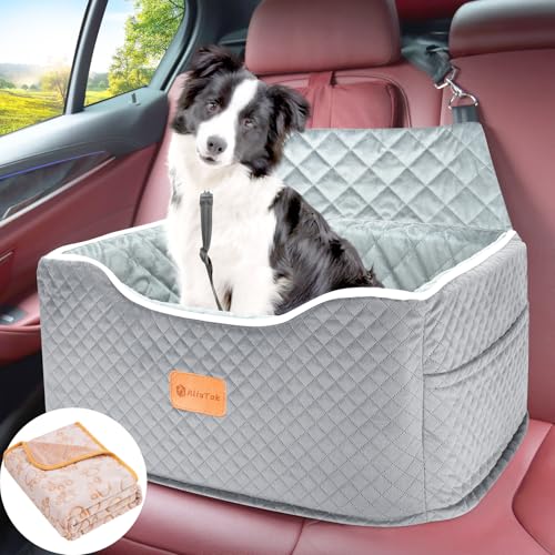 AlfaTok Memory Foam Booster Dog Car Seat for Medium Dogs Under 45 LBS, Elevated Pet Car Seat with Detachable Washable Cover, Anti-Slip Sturdy Dog Booster Seat with Seat Belt for Back Seat Travel - color: Grey, size: Medium