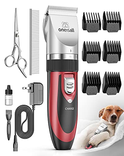 oneisall Dog Shaver Clippers Low Noise Rechargeable Cordless Electric Quiet Hair Clippers Set for Dogs Cats Pets - color: Red