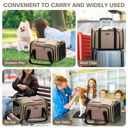 Pet Carrier, Large Soft Sided Expandable Travel Carrier with Steel Frame, Anti-Scratch Mesh, Removable Fleece Pad and Pockets for Cats, Dogs and Small Animals up to 15 lbs (Brown, 4 Sides Expandable)