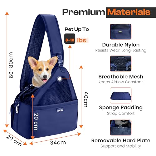 Small Dog Sling Carrier Bag, Hands-Free Dog Carrier Sling with Safety Buckle, Breathable Mesh, Adjustable Strap, Padded Back, Storage Pockets, Pet Carrier for Dogs, Cats, Puppies up to 8–10 lbs - color: Blue