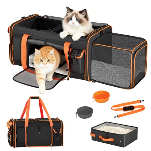 Expandable Cat Carrier for 2 Cats, Extra Large Soft-Sided Double Pet Travel Crate with Litter Box, Removable Divider - Ideal for Kittens, Small Dogs, Car Travel, Road Trip, Camping, Vet Visit