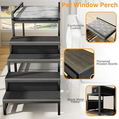 kepptory Pet Bunk Bed with Stairs and Storage, Dog Beds Attachment to Human Bed, Bedside Dogs Cot for Small, Medium Cats & Dogs, Pet Window Perch (Grey) - color: Grey