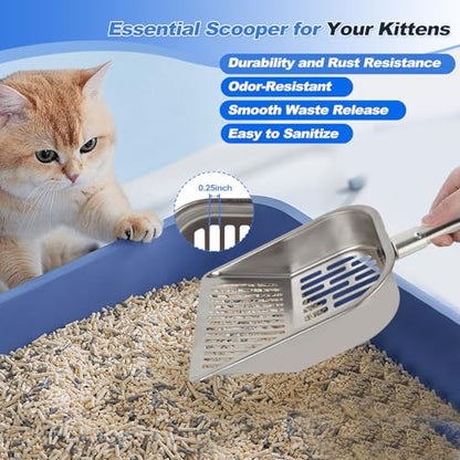 Cat Litter Scoop Metal Mesh, Kitty Scooper for Litter Box Cleaning Speed Sifting, Chicken Poop Scooper for Sand, Litter Sifter Shovel, Dog Coop Pooper Scooper -Stainless Steel Long Handle