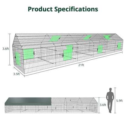 PawGiant Chicken Coop, Chicken Run Pen for Yard with Cover Outdoor Metal Portable Chicken Tractor Cage Enclosure Crate Outside for Small Animals Duck Rabbit Hen 21ft x 3.5ft - size: 260.0"L x 40.0"W x 40.0"H