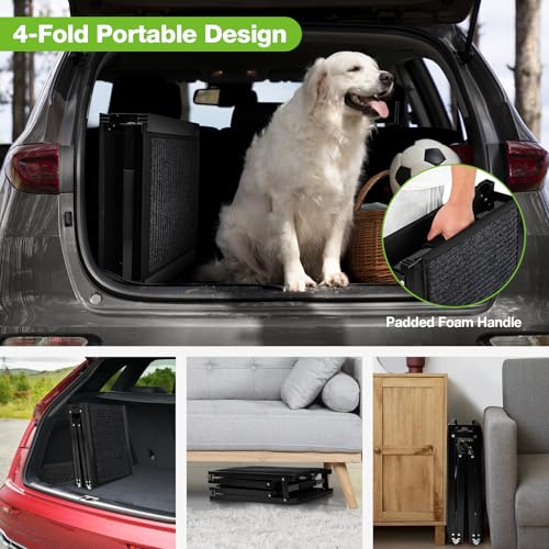 FAHKNS Dog Ramp for Car, 71" x 17" Extra Long Wide Folding Pet Ramp, Non-Slip Rug Surface, Aluminum, Black, Up to 300 LBS - size: Upgraded 71" L x 17.3" W