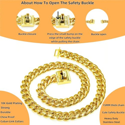 Heavy Duty Cuban Link Chain Dog Collars 15MM Gold/Silver Stainless Steel Metal Walking Training Collars with Cute Secure Design Buckle, Chew Proof, for Large Medium Small Dogs (Gold, 14'') - color: Gold, size: 14inches