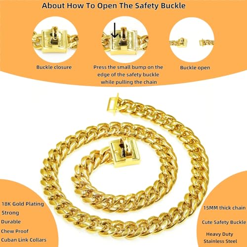 Heavy Duty Cuban Link Chain Dog Collars 15MM Gold/Silver Stainless Steel Metal Walking Training Collars with Cute Secure Design Buckle, Chew Proof, for Large Medium Small Dogs (Gold, 24'') - color: Gold, size: 24inches