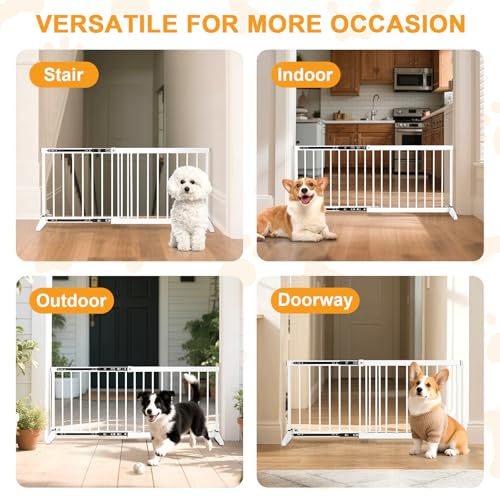 White Metal Dog Gate for Small Dogs - 17.7" Short Freestanding Puppy Gate with Retractable Sliding Rail, No Installation, Indoor/Outdoor Use, Foldable & Portable Pet Barrier