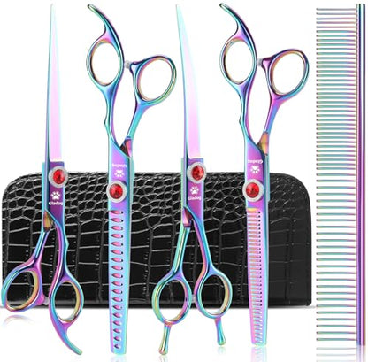 GLADOG Pro Rainbow 17.8cm(7인치) 전문 반려동물 그루밍 가위 키트, 6-in-1 강아지 가위, 티타늄 코팅, 스테인리스 스틸, 오른손잡이용, 5개입 - style: 프로 레인보우