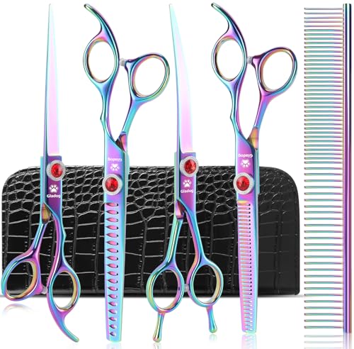 GLADOG Pro Rainbow 7 Inch Professional Pet Grooming Scissors Kit, 6-in-1 Dog Scissors, Titanium Coated, Stainless Steel, Right Handed, 5 Count - style: Pro Rainbow