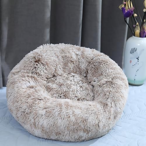 Calming Dog Bed for Small Dogs, Calming Donut Cuddler Pet Bed Anti Anxiety Round Dog Bed Fluffy Plush Faux Fur Cat Bed,Khaki,15.7IN - color: Khaki, size: 15.7IN