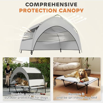 PawHut Elevated Dog Bed with Cooling Pad, Raised Outdoor Pet Bed with Removable Canopy, Breathable Mesh, Storage Bag, Portable Pet Cot for Indoor Outdoor Large Dogs, 42" x 30" x 37", Light Gray - size: 3.5' L x 2.5' W x 3.1' H