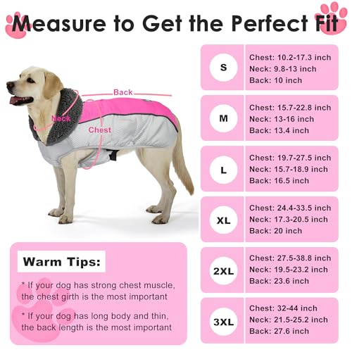 Petglad Dog Coat, Waterproof Ripstop Dog Winter Jacket with Leash Hole, Reflective Adjustable Warm Pet Fleece Snow Sweater for Small Medium Large Dogs - Pink, L - color: Pink, size: L