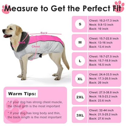 Petglad Dog Coat, Waterproof Ripstop Dog Winter Jacket with Leash Hole, Reflective Adjustable Warm Pet Fleece Snow Sweater for Small Medium Large Dogs - Pink, L - color: Pink, size: L