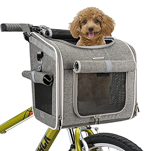 Dog Bike Basket, Expandable Soft-Sided Pet Carrier Backpack with 4 Open Doors, 4 Mesh Windows for Small Dog Cat Puppies - Grey - color: Grey-Fits 10-18 Lbs