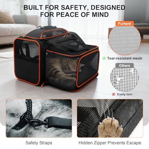 Cat Carrier Soft Expandable Pet Carrier Top & Sides Expandable Airline Approved 360° Ventilation Soft-Sided Cat Carriers Pet Travel Bag with Breathable Mesh Built-in Safety Leash & Reversible Cushion - color: Black