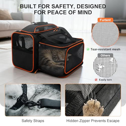 Cat Carrier Soft Expandable Pet Carrier Top & Sides Expandable Airline Approved 360° Ventilation Soft-Sided Cat Carriers Pet Travel Bag with Breathable Mesh Built-in Safety Leash & Reversible Cushion - color: Black