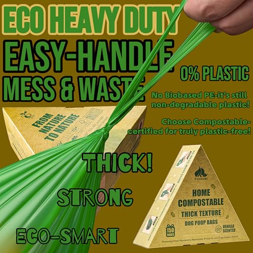 Ultra Thick & Deep RockRhino Dog Poop Bags for Large & XL Breeds | 4-Layer Interlocked Bottom | 100% Home Compostable, 0% Plastic | Vanilla-Scented | 150 Bags, Easy Open Tie Handles, Not for Scooper - size: 150 Count (Pack of 1)
