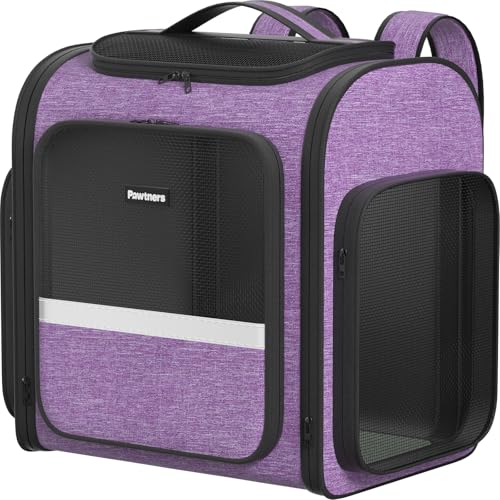 Pawtners Dog Carrier Backpacks Large Cat Backpack with Anti-Scratch Mesh, Foldable Designed Pet Backpack Carrier for Kitten Small Dogs & Large Cats Up to 18 Lbs, Dog Carrier for Travel Outdoor - color: Purple