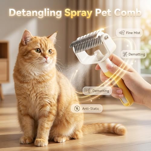 Pet Pro Grooming Tool, 2026 Upgraded Undercoat Rake with Spray Bottle, Ergonomic Dematting Brush for Long-Haired Dogs & Cats, Extra Wide Hair Shedding Comb for Home Pet Grooming (Yellow) - color: Yellow