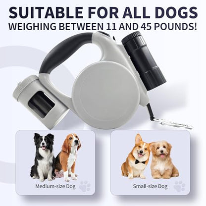 Retractable Dog Leash for Medium & Small Dogs - 16.4 Ft Pet Leash with Detachable LED Flashlight, Poop Bag Dispenser, Ergonomic Handle(Gray)