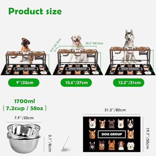 SHAINFUN Adjustable Height Elevated Dog Bowl Stand – Wooden Raised Dog Bowls with Three 58oz Stainless Steel Bowls & Mat for Small to Large Dog Breeds - color: Brown-1.7L-Three