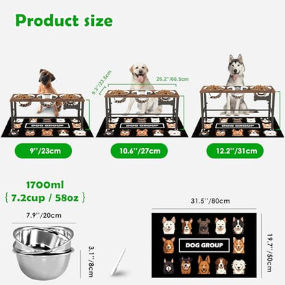 SHAINFUN Adjustable Height Elevated Dog Bowl Stand – Wooden Raised Dog Bowls with Three 58oz Stainless Steel Bowls & Mat for Small to Large Dog Breeds - color: Brown-1.7L-Three