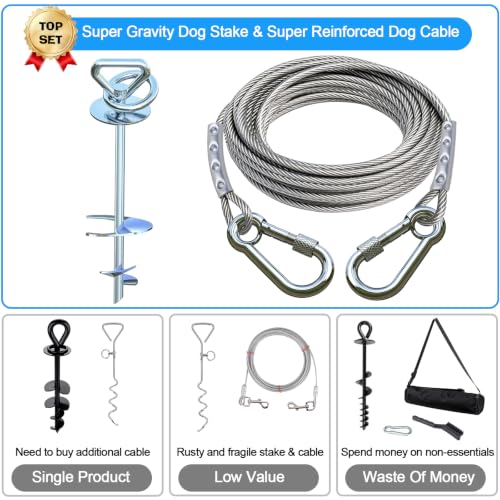 Dog tie Out Cable and Stake,with 15 ft Heavy Duty Cable,360° Swivel Dog Runner for Yard,Dog Run Anchors for Large Dogs up to 200 lbs-Ideal for Outdoor Camping - size: dog stake+15ft cable