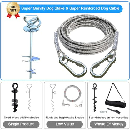 Dog tie Out Cable and Stake,with 15 ft Heavy Duty Cable,360° Swivel Dog Runner for Yard,Dog Run Anchors for Large Dogs up to 200 lbs-Ideal for Outdoor Camping - size: dog stake+15ft cable