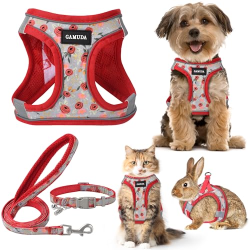 GAMUDA Small Dog Harness Collar and Leash Set, Step in No Chock No Pull Soft Mesh Adjustable Dog Vest Harnesses Plaid Reflective for Dogs Puppy Cats Kitten Rabbit (Red Flower, XXS) - color: Red Flower, size: XXS