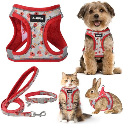 GAMUDA Small Dog Harness Collar and Leash Set, Step in No Chock No Pull Soft Mesh Adjustable Dog Vest Harnesses Plaid Reflective for Dogs Puppy Cats Kitten Rabbit (Red Flower, XXS) - color: Red Flower, size: XXS