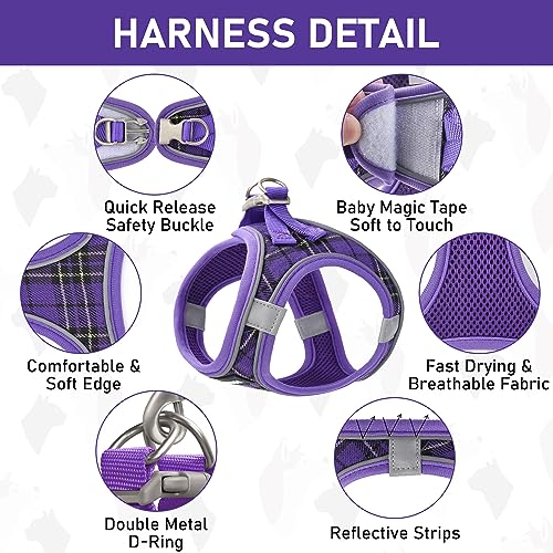 GAMUDA Small Dog Harness Collar and Leash Set, Step in No Chock No Pull Soft Mesh Adjustable Dog Vest Harnesses Plaid Reflective for Dogs Puppy Cats Kitten Rabbit (Purple, L) - color: Purple, size: L