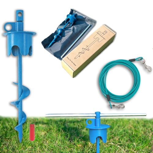 Dog Stakes for Outside Hold up to 250Lbs Dogs Heavy Duty Tie Out Tether Leash Chain for Yard Outdoor Camping Screw in Ground Anchor Set 13 inch Blue, 15 FT - color: Blue, size: Stake & 15FT Cable