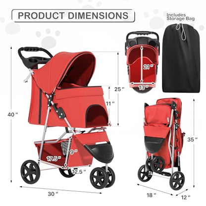 MoNiBloom 3 Wheels Pet Stroller, Foldable Puppy Cage Jogger Stroller with Weather Cover for All-Season, Storage Basket and Cup Holder, Breathable and Visible Mesh for Small/Medium Pets, Red - color: Red