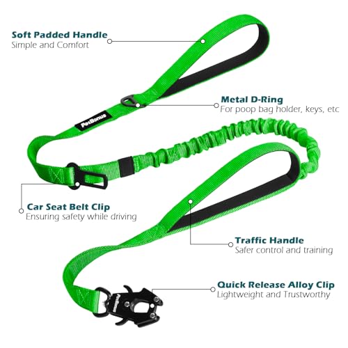 PetBonus Heavy Duty Tactical Dog Leash, 5 FT Bungee Shock Absorption Leash with 2 Padded Handles, Quick Release Metal Clip, Car Seatbelt, No Pull Training Lead for Large Medium Dogs（Grass Green） - color: Grass Green