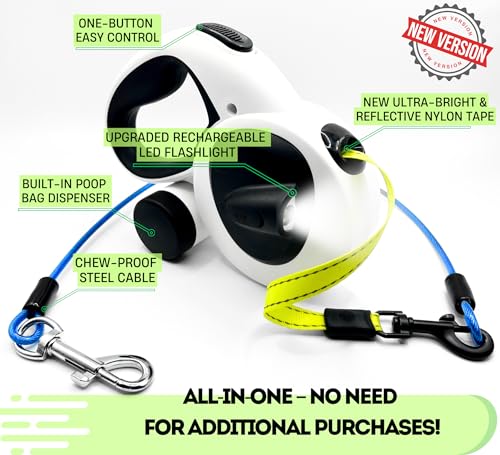 Snuggle Paws Retractable Dog Leash 16ft – Heavy Duty All-in-One Dog Leash with LED Flashlight, Poop Bag Holder, Chew Proof Steel Cable & Reflective Tape – Size M - size: M | 16.4 ft | 66 lbs
