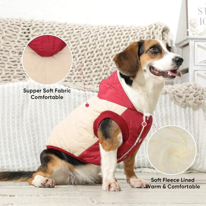 Vecomfy Fleece Lining Extra Warm Dog Hoodie in Winter,Small Dog Jacket Puppy Coats with Hooded,Beige and Red S - color: Beige and Red, size: Small (Pack of 1)