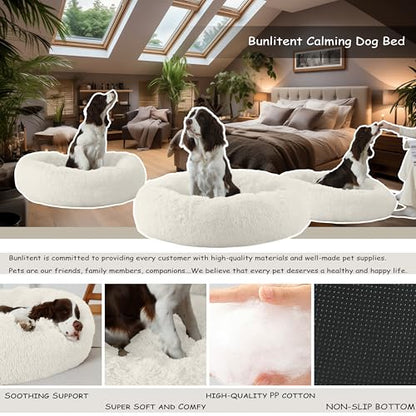 Bunlitent 39 inch Calming Dog Bed, Donut Dog Bed for Large Sized Dog, White | Plush Anti-Anxiety, Donut Shape, Warming Cozy, Round Cuddler Nest, Soft Cute,Marshmallow Cuddler Nest Pet Bed - color: White, size: 39"L x 39"W x 8"Th