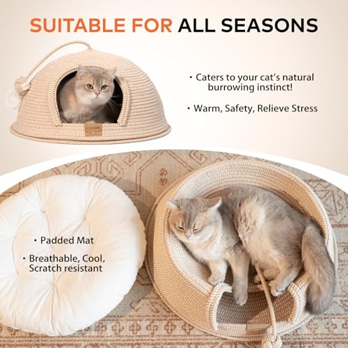 Cat Cave Bed with Washable Cushion and Ball, Handwoven Cotton Rope Cat Basket Bed for Indoor Cats Bed Covered, 3-in-1 Scratching, Playing & Sleeping, All Season Universal(White)