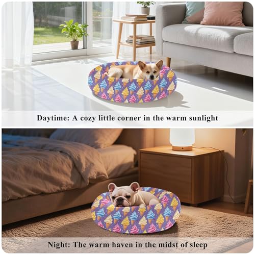 Pet Bed Ice Cream Purple Dot Cat Snuggler Soft Winter Cushion, Cozy Round Bolster Nest for Indoor Kittens & Small Pets 15" - size: X-Small