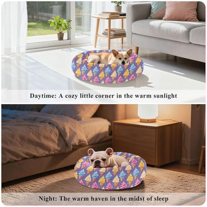 Pet Bed Ice Cream Purple Dot Print, 18" Small Dog Cuddler with Anti-Slip Bottom, Cute Pattern Round Sofa for Indoor Puppies & Kittens, All-Season Comfort - size: Small