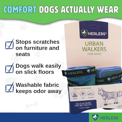 Healers Urban Walkers III Dog Boots – Paw Protection with Non-Slip Rubber Sole, Waterproof Breathable, Reflective Pet Booties for Dogs – Secure Hook and Loop Closure – 4-Pack Booties, Teal Blue, Large - size: Large