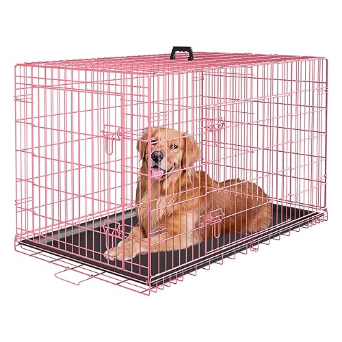 PayLessHere Large Dog Crate Kennel for Medium Large Dogs Metal Dog Cage Double-Door Folding Travel Indoor Outdoor Puppy Playpen with Divider and Handle Plastic Tray (42 Inch, Pink) - color: Pink, size: 42.0"L x 26.0"W x 28.0"H
