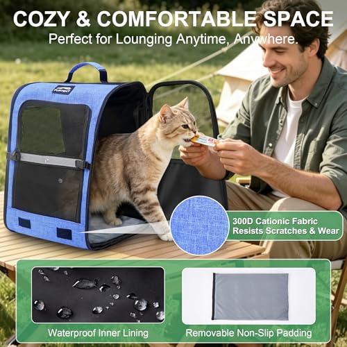 Cat Backpack Carrier with Ventilation Mesh and Safety Leash, Lightweight Dog Travel Backpack with Pockets, Reflective Strip, and Removable Mat,Hiking and Outdoor Use,Blue