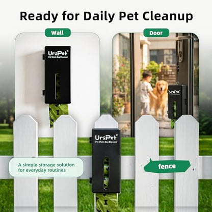 URSPET Dog Poop Bag Dispenser with 4 Rolls, Wall Mount Pet Waste Holder | Stick-On or Screw-On, Viewing Window, Easy Bag Pull, Flip-Top Refill, 60 Bags Included, Indoor and Outdoor Use - color: Black