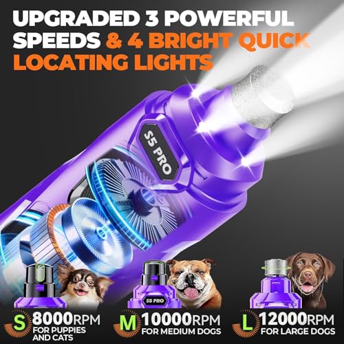 Whisper Quiet Dog Nail Grinder with 4 LED Lights, Safe & Stress-Free for Sensitive Dogs of All Breeds & Sizes, 3 Grinding Bits, 3-Speed, Pet Nail Trimmers, Rechargeable Painless Grooming Kit Purple - color: Purple